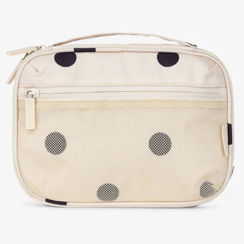 Calpak Beige Travel Pouch with Black Polka Dots